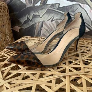 Gianvito Rossi Plexi 70 Pump Vernice leopard print denim size 37 US 7
